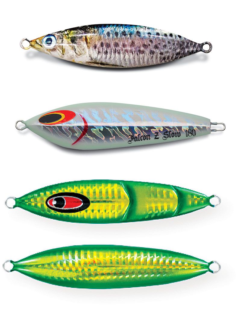 Slow-pitch, or "fall", jigs, vary in color schemes and body configuratons for a tailored presentation